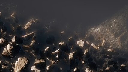 Asteroid rock Field in front of mega asteroid or dwarf planet With Abstract Light Rays