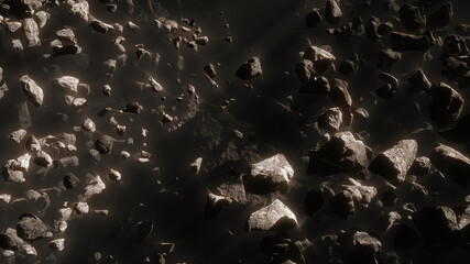 Asteroid Field in front of mega asteroid hidden by the fog in Deep Space Panoramic With Abstract Light Rays