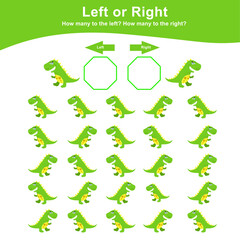 Left or Right Dinosaur Game for Children. Cute dinosaur math worksheet. Educational printable math worksheet. Math worksheet for kids. Vector illustration in cartoon style. 