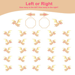 Left or Right Dinosaur Game for Children. Cute dinosaur math worksheet. Educational printable math worksheet. Math worksheet for kids. Vector illustration in cartoon style. 