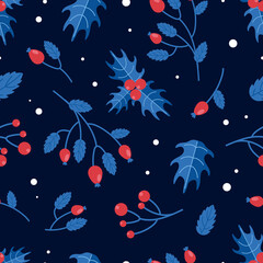 Bright Christmas pattern. Winter berries rosehip, holly. In red and blue festive colors. In a flat style. For nursery, wallpaper, printing on fabric, wrapping.