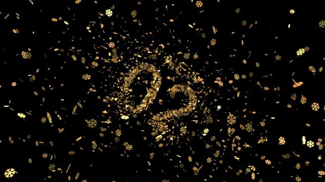 Falling gold snowflakes with Happy New year 2022 greeting video card golden text. Animation of winter holidays, 4K 3D rendering holiday festival animation. 
