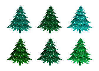 Christmas trees vector set. Cartoon Green and blue fir trees with snowflakes, isolated on white background.