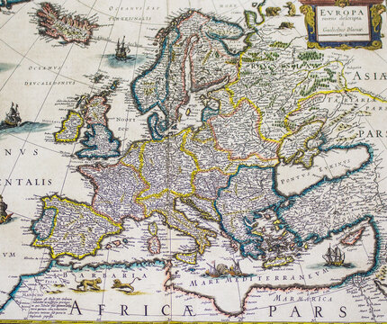 Ukraine, Kyiv - May 11, 2019: Old map of Europe. Retro cartography. Traveling in the old days. Maps of countries, continents and seas.
