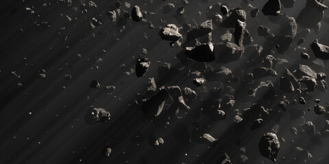 Asteroid field with volumetric light ray in deep space panoramic