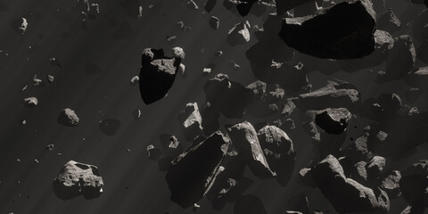Asteroid field Close view in deep space panoramic with volumetric light ray © Ocelia_Mg