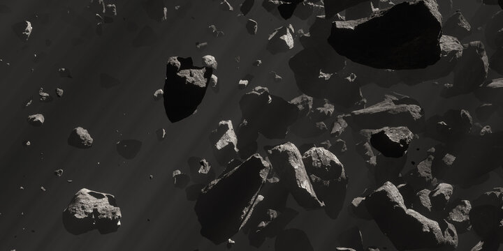 Asteroid field Close view in deep space panoramic with volumetric light ray