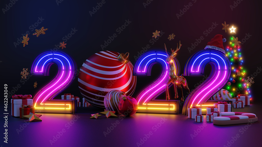 Wall mural Merry Сhristmas and Happy New Year 2022 . Abstract minimal design, Neon light Christmas trees, gift box, empty round Realistic stage, podium. 3d rendering.