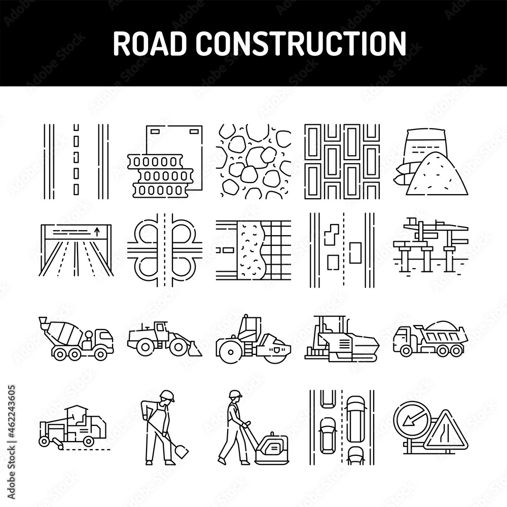 Poster road construction line icons set. isolated vector element.