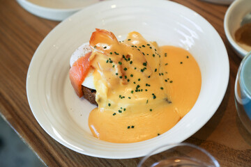 Traditional Benedict eggs with smoked salmon