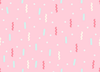 Party decoration. Vector seamless pattern in flat design. Cute various colorful confetti on pink backdrop