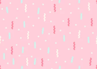  Feest decoratie. Vector naadloos patroon in vlak ontwerp. Leuke verschillende kleurrijke confetti op roze achtergrond © Picture Store