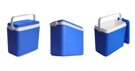 Set with blue plastic cool boxes on white background. Banner design