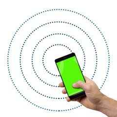 Man holding mobile phone with chromakey screen and wireless internet signal against white background