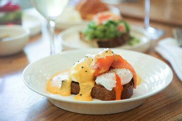 Traditional Benedict eggs with smoked salmon
