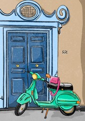 Illustration - Animation of cartoon background, building -alley with motorcycle just in font of the house