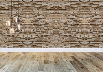 stone wall interior design modern lamp for home, office, hotel and bedroom. 3D illustration