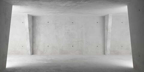 Abstract empty, modern concrete room with indirect lighting with diagonal walls left and right and rough floor - industrial interior background template