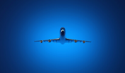 Model of a commercial airliner, front view on a dark blue background. Chrome-plated aircraft. The concept of travel. 3d rendering.