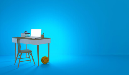 A desktop with school supplies, a laptop and a basketball on a blue background. 3D rendering.