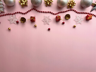 Christmas decorations, gift box ribbons, golden balls, snowflakes, red balls on pink background