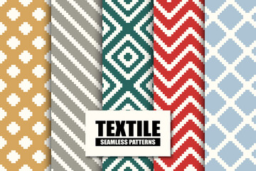 Set of seamless textile patterns - colorful geometric design. Vector ornament repeatable fabric backgrounds. Endless simple striped prints