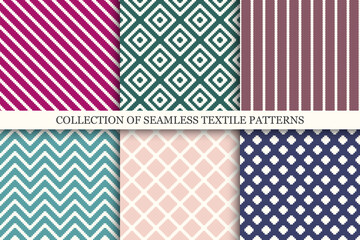 Set of seamless textile patterns - elegant colorful geometric design. Vector ornamental repeatable backgrounds. Endless simple fabric prints