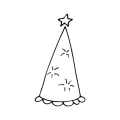 Cute festive hat with doodles. Festive hat for holidays: Birthday, New Year, parties, Christmas and other events. Black outline by hand on a white background.