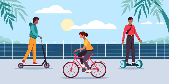 City eco transport flat vector illustration bicycle, hoverboard, pushscooter