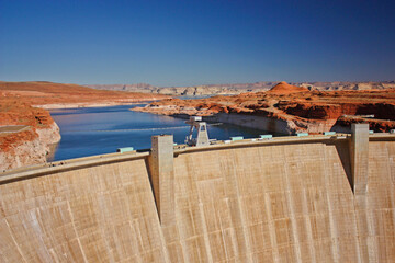 Powell lake with dam near town of Page, Utah, Us