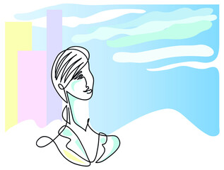 One line drawing of business woman looking up.
One continuous line drawing of business woman looking up in blue sky.