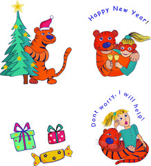 Set of vector images with a tiger and a girl with glasses of champagne, Christmas tree, gifts. Can be used as stickers, has text 