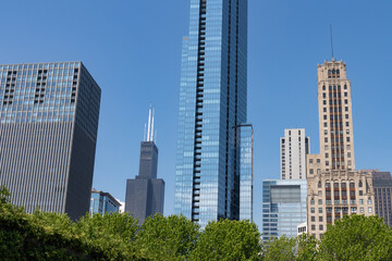 Old and Modern Downtown Chicago Skyscrapers with a Blue Sky 