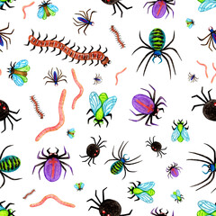 Seamless pattern with creepy wild insects, for the holiday of Halloween. Spiders, worms, flies, centipedes. Hand drawn watercolor and pencils illustration on white background.