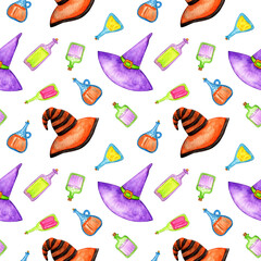 Seamless pattern, witch hats and bottles with poisonous drinks, for the holiday of Halloween. Hand drawn watercolor and pencils illustration on white background.