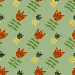 Geometric flower folk art seamless pattern on green background.
