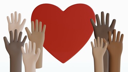 Obraz premium Diversity hands 3d illustration. Love. Equal. Multicultural. 