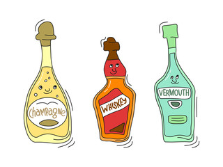 Fototapeta na wymiar Champagne, whiskey and vermouth with smile on white background. Cartoon sketch graphic design. Doodle style with black contour line. Cute hand drawn bottle. Party drinks concept. Freehand drawing .