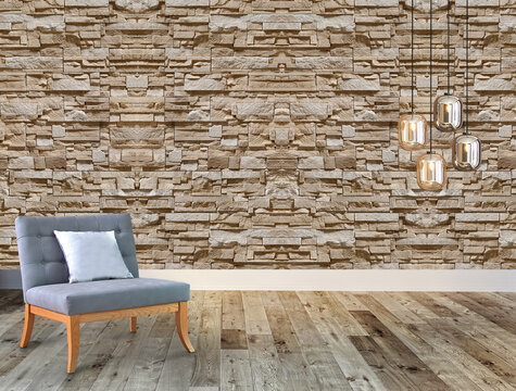 interior decoration wooden floor, stone wall concept. decorative background for home, office and hotel. 3D illustration