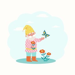 Little dwarf catching a butterfly. Vector characters in flat style.