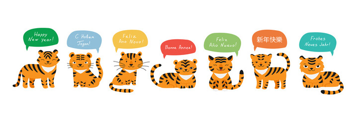 Tigers Happy New Year greetings in different languages