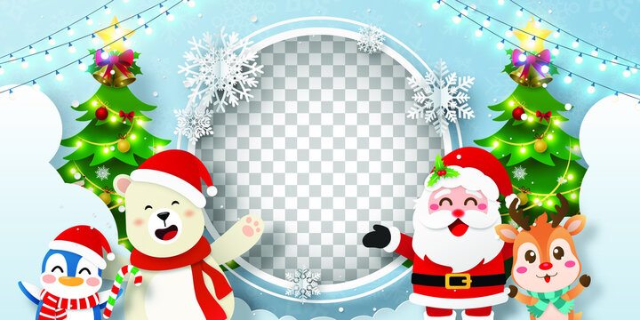 Christmas postcard of Santa Claus and friend with photo frame transparent background