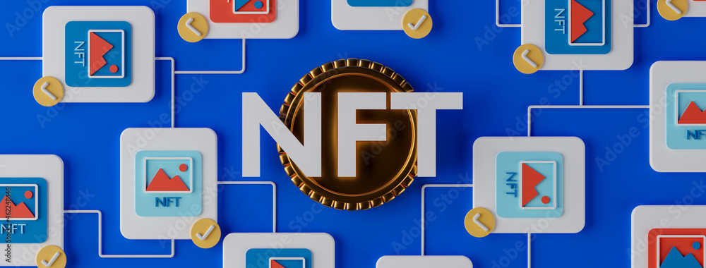 Poster 3d rendering concept nft or non fungible token web banner. concept blockchain technology illustratio