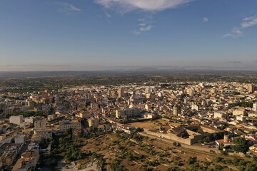 4k Inca Poble Mallorca town 
Sant Bartolomeu Parroquia 
 Old Arquitecture aerial view