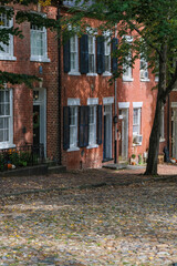 Beautiful picturesque New England style house facades in historic Old Town Alexandria, Virginia with shopping avenue mall King Street and romantic backstreet alley brick buildings colors Indian Summe