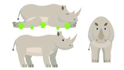 Set Abstract Collection Flat Cartoon 
Different Animal Rhinoceros  Stand, Sleeping Vector Design Style Elements Fauna Wildlife