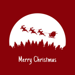Silhouette of Santa Claus on a sleigh flying over pine forest