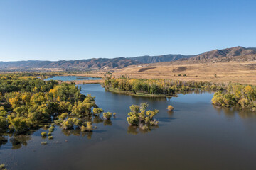 Aerial view of Chatfield Reservoir, Chatfield State Park, near Denver, Colorado, USA in the early Autumn.