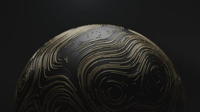 Spinning golden ball with circular topographic animated lines and particles on black background