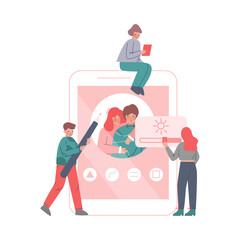 Smartphone Setting with Young Man and Woman Engaged in Photo Retouch Adjustments Vector Illustration